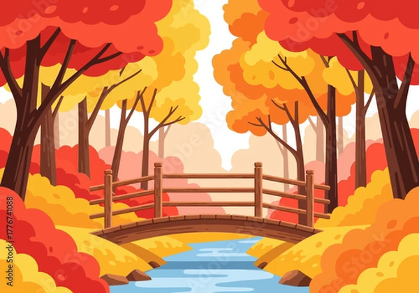 Obraz Wooden bridge crossing a stream in a forest with vibrant red and yellow autumn foliage