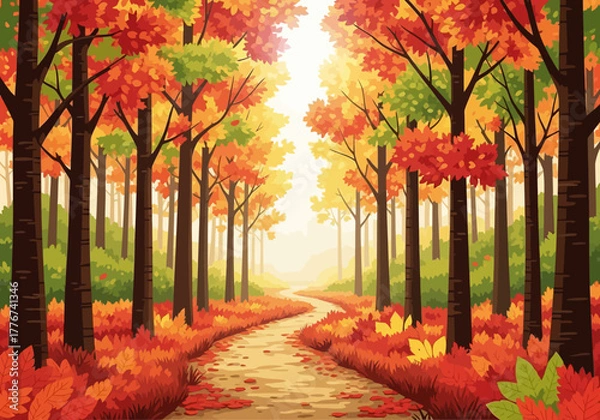 Obraz Winding forest path flanked by tall trees displaying vibrant autumn foliage