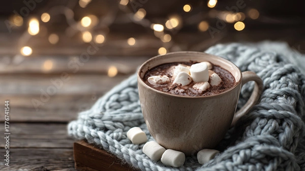Fototapeta Cup of hot chocolate with marshmallows on wooden table, cozy knitted blanket, fairy lights in background, shallow depth of field, warm tone
