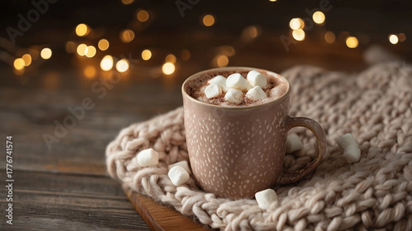 Fototapeta Cup of hot chocolate with marshmallows on wooden table, cozy knitted blanket, fairy lights in background, shallow depth of field, warm tone