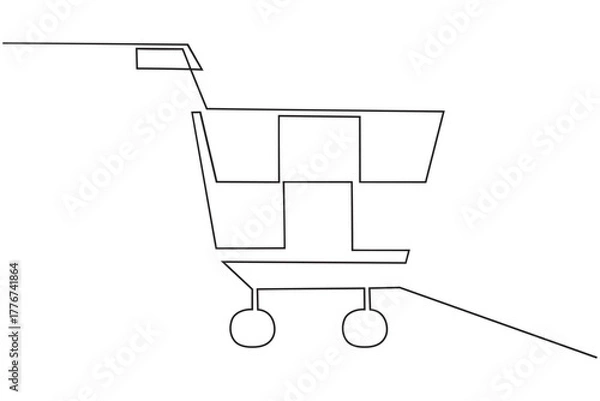 Fototapeta Grocery cart silhouette, continuous one line drawing, sale concept