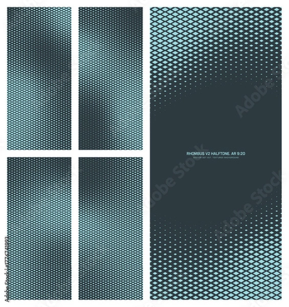 Fototapeta Assorted vector rhombus grid cyan black halftone pattern set in vertical 9:20 aspect ratio including faded frame and various smooth blurred textures. Varied half tone graphic design elements pack