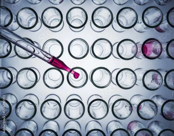 Obraz Close-up of a pipette dropping red liquid into a test tube rack with many empty tubes and some with red liquid.