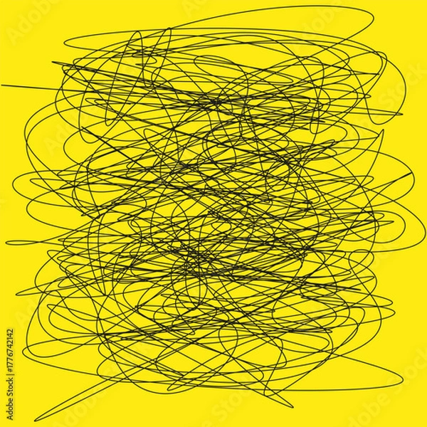 Fototapeta Tangled scribble drawing. Black wire texture. Abstract chaotic Vector pattern. Bright yellow background.