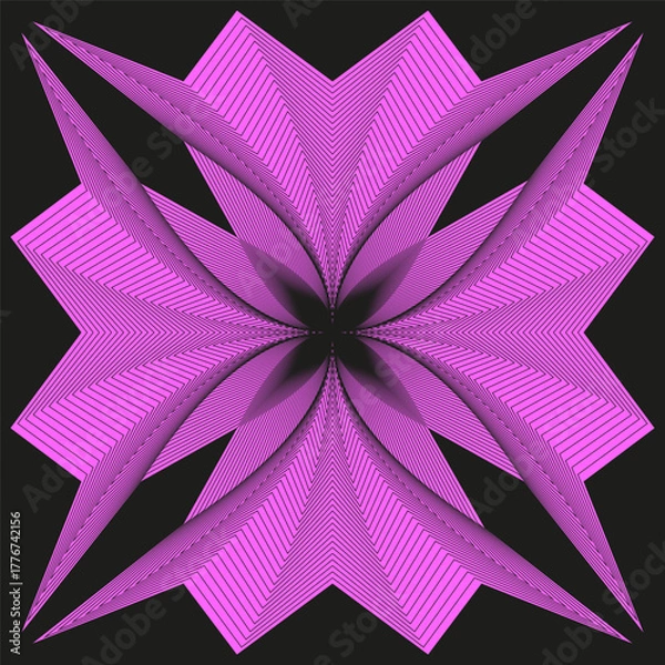 Fototapeta Pink radiant starburst form. Thin line Vector pattern. Geometric abstract figure. Dark background element.