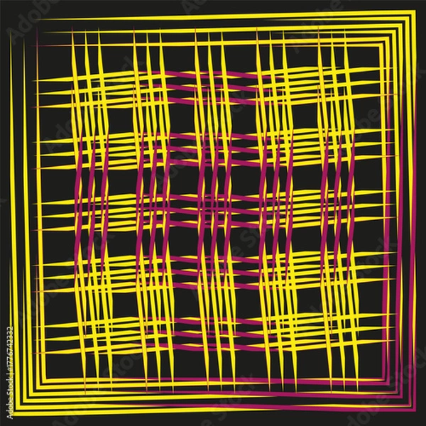 Fototapeta Woven line pattern. Chaotic thread structure. Yellow pink Vector warp. Dark backdrop element.