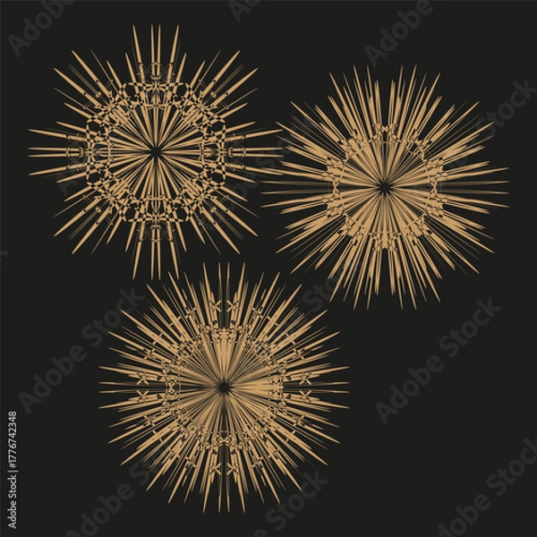 Fototapeta Sparkling firework bursts. Festive gold explosion. Celebration abstract Vector image. Dark night background.