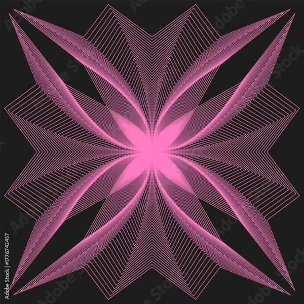 Fototapeta Pink line radial element. Abstract light Vector pattern. Symmetrical star graphic. Dark background design.