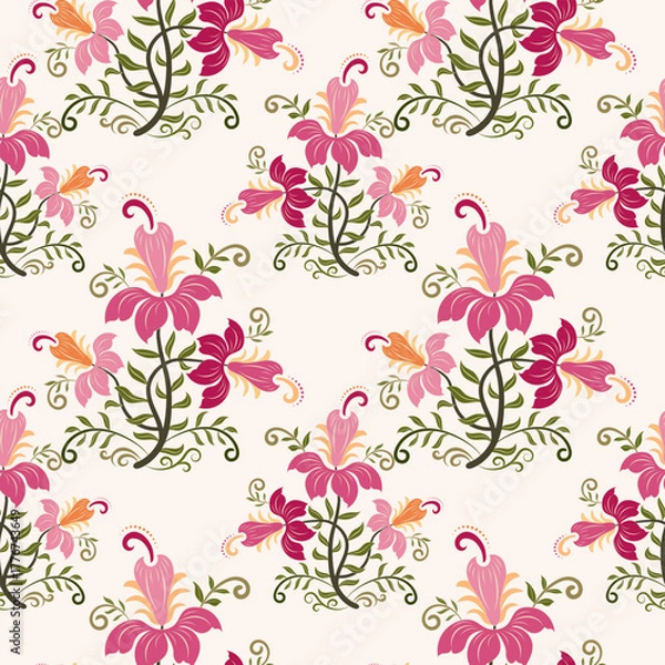 Fototapeta Vector Hand drawn colourful geometric flowers Motifs African boho paisley, seamless patterns with floral for fabric Ethnic Indian Pattern, textiles, clothing, wrapping paper, backdrop, banner.
