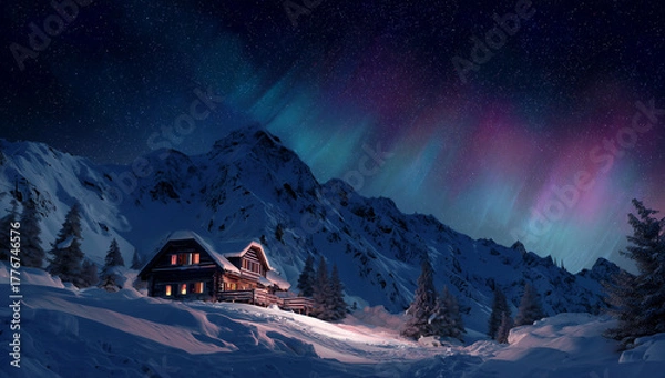 Fototapeta Mountain chalet surrounded by snow under night sky full of stars, northern lights visible, magical atmosphere, high contrast, ultra realistic render