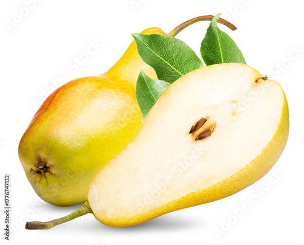 Fototapeta sweet yellow pears with leaves isolated on white background. Clipping path