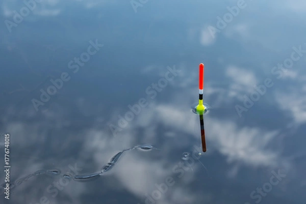 Obraz Red yellow and black fishing bobber float standing vertically in calm blue water with cloud reflections and ripples. Serene fishing scene showing tackle equipment in peaceful lake.