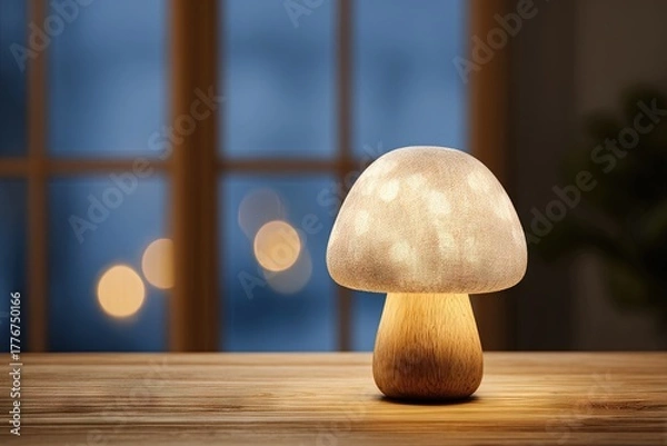 Fototapeta Cute mushroom lamp on wooden table, soft warm light, cozy home decor, interior scene