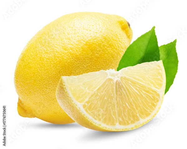 Fototapeta lemon with slice and leaves isolated on white background. Clipping path
