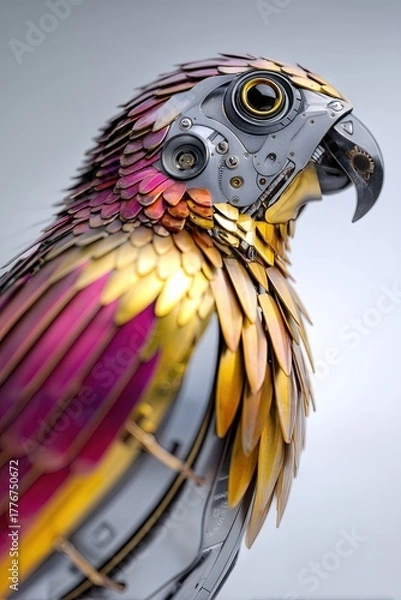 Fototapeta dynamic angle of a vibrant mechanical parrot robot bird with metallic feathers and mechanical parts 