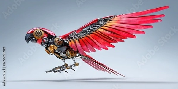 Obraz dynamic angle of a vibrant mechanical parrot robot bird with metallic feathers and mechanical parts 