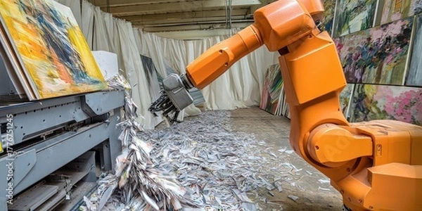 Fototapeta Generative AI concept with artificial intelligence robot shredding books and shreds flying out