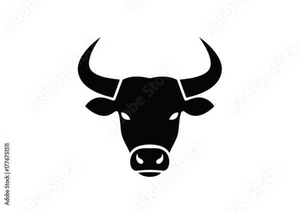 Fototapeta Illustration of a angry bull head with curved horns and a prominent snout on a bright setting surface