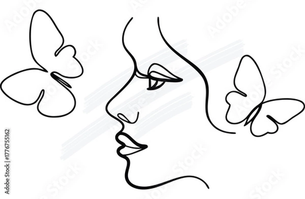 Fototapeta Modern Continuous Line Art Woman Profile with Ethereal Butterflies Graphic Design