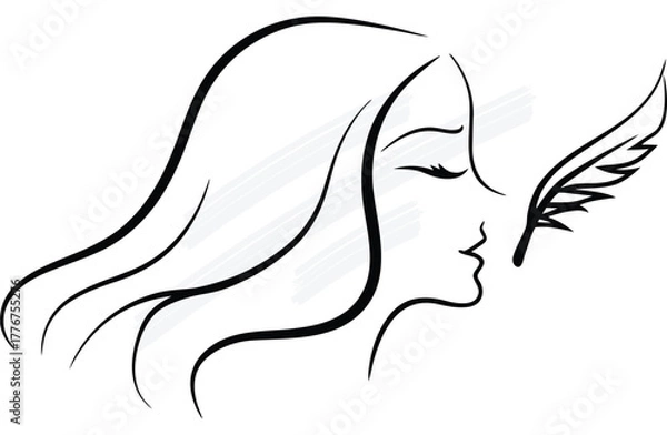 Fototapeta Minimalist line art profile a woman's face with a feather head hair animal woman continuous line art