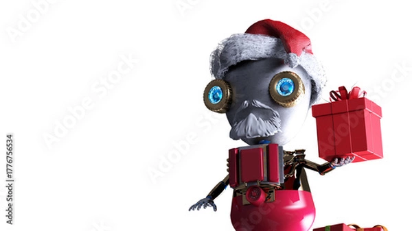 Fototapeta Funny Christmas Robot Santa with Gifts Winter Scene render 3d