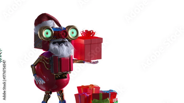 Fototapeta Funny Christmas Robot Santa with Gifts Winter Scene render 3d