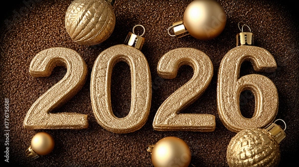 Fototapeta New Year celebration flat-lay: gold and silver decorations, champagne glasses, confetti, 2026 numbers, clean background, high-key lightin