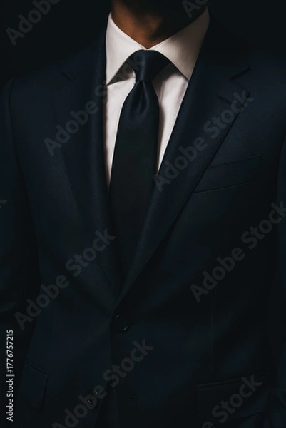 Fototapeta Elegant dark suit with crisp white shirt and tie—timeless business style and professionalism close-up — generative AI
