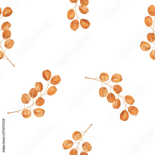Obraz Seamless pattern with watercolor copper orange leaves on white background. Warm natural botanical design ideal for wrapping paper, fabric, wallpapers, and autumn decor.