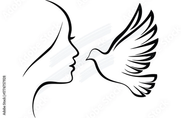 Fototapeta Woman's Profile Silhouette Kissing a Dove Bird with Wings Outstretched animal woman continuous line art
