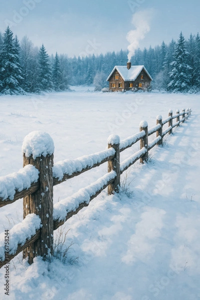 Obraz Cozy cabin beyond a snow-covered wooden fence as chimney smoke rises; peaceful winter countryside scene — generative AI