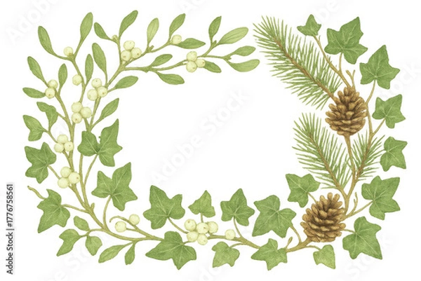 Fototapeta Christmas wreath frame with mistletoe, ivy, pine cones, green branches, watercolor illustration, transparent background