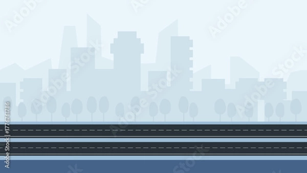 Obraz Cityscape of high-rise buildings with two empty roads and trees in a row