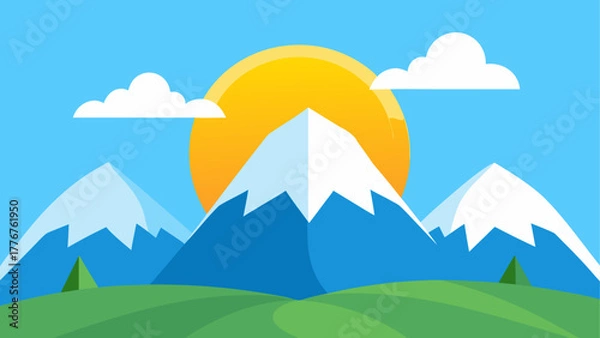 Obraz Landscape with mountains sun and clouds illustration