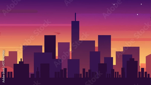 Fototapeta Silhouette of city skyline at dusk with stars above