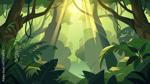 Fototapeta Sunlight shining through a dense tropical forest