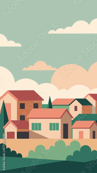 Fototapeta Illustration of houses under a cloudy sky in daytime