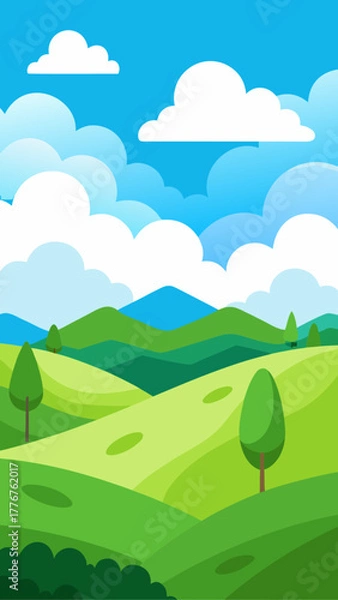 Obraz Cartoon landscape with rolling hills and blue sky