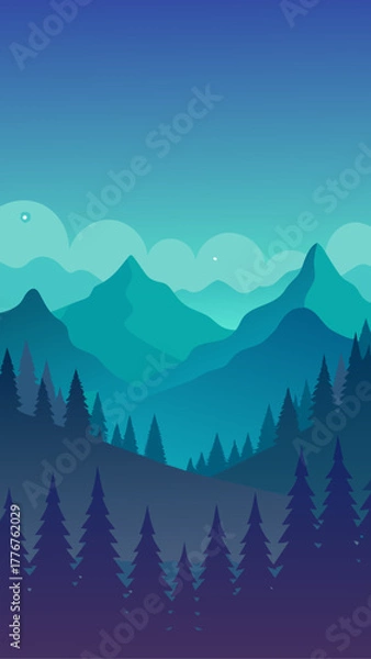Fototapeta Illustration of a mountain range and forest scene