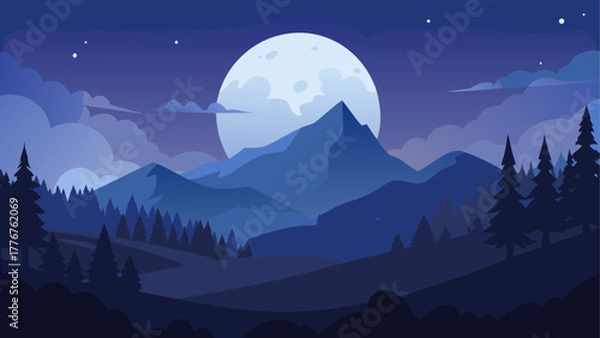 Fototapeta Night landscape with mountains and a bright full moon