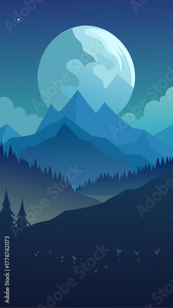 Fototapeta Illustration of a night landscape with mountains