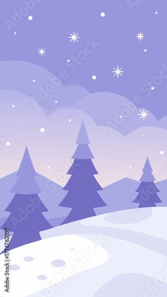 Fototapeta Winter landscape with trees and falling snowflakes