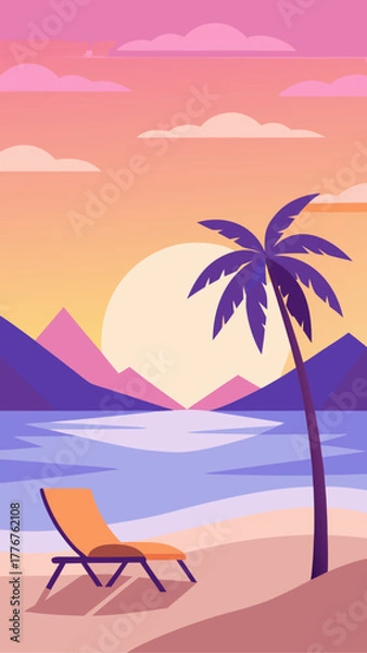 Obraz Sunset beach scene with palm tree and lounge chair
