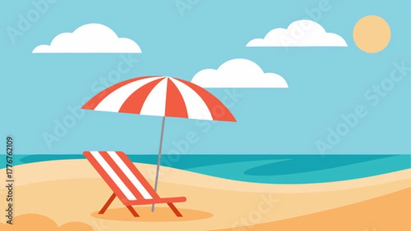 Fototapeta Beach scene with umbrella chair sun and clouds