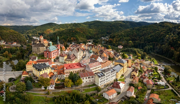 Fototapeta drone panorama cityscape of Loket village in the Karlovy Vary Region of the Czech Republic