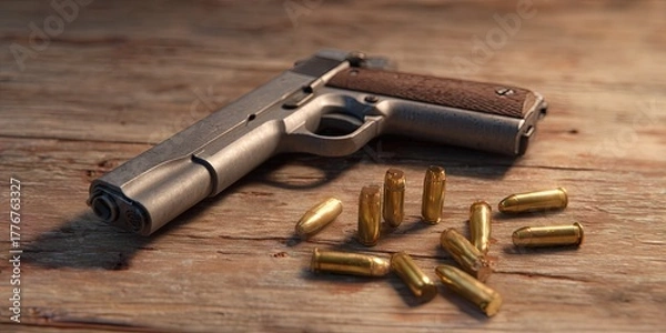 Obraz trigger warning - gun with trigger and bullet casings on wood