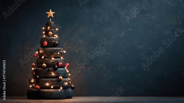 Fototapeta Christmas tree made of car tires and wheels on a dark background. mock up with space for text. A festive New Year's banner card for a company specializing in tuning, repair, and auto parts sales