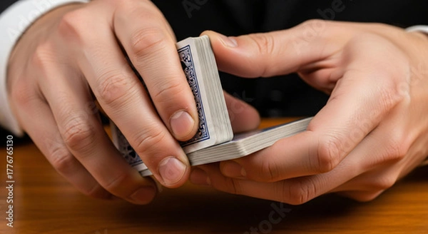 Fototapeta Conjurer's precise one-handed card cut: finger positioning & deck control