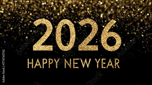 Fototapeta Happy New Year 2026 background card, high quality, multicolored flashes and glitter, space for text