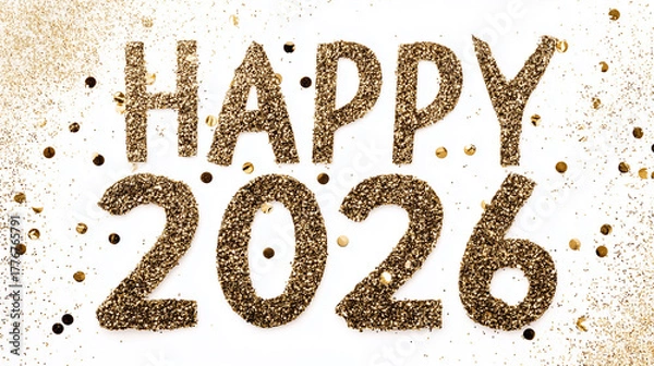 Fototapeta Happy New Year 2026 background card, high quality, multicolored flashes and glitter, space for text